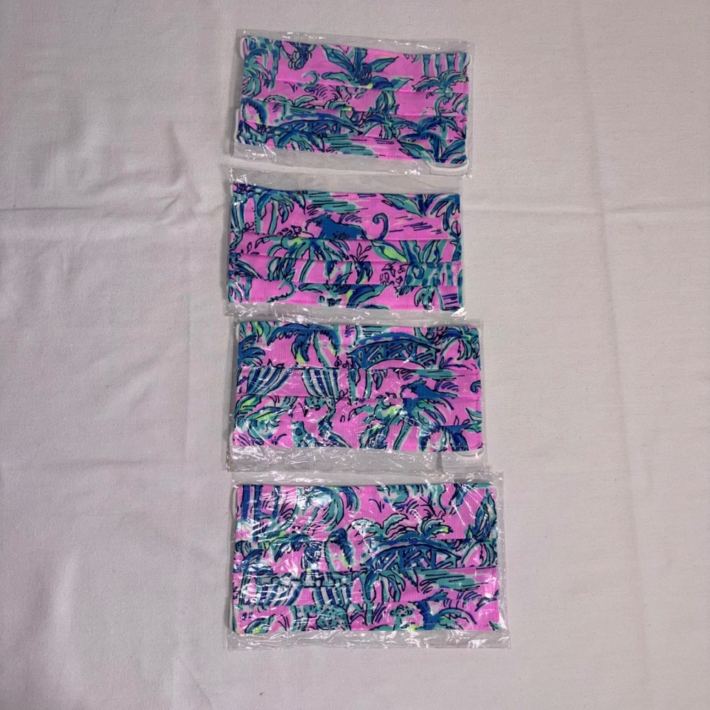 Lilly Pulitzer Face Mask Multi NEW 4 Pack Jungle Palm Print Pleated Cotton